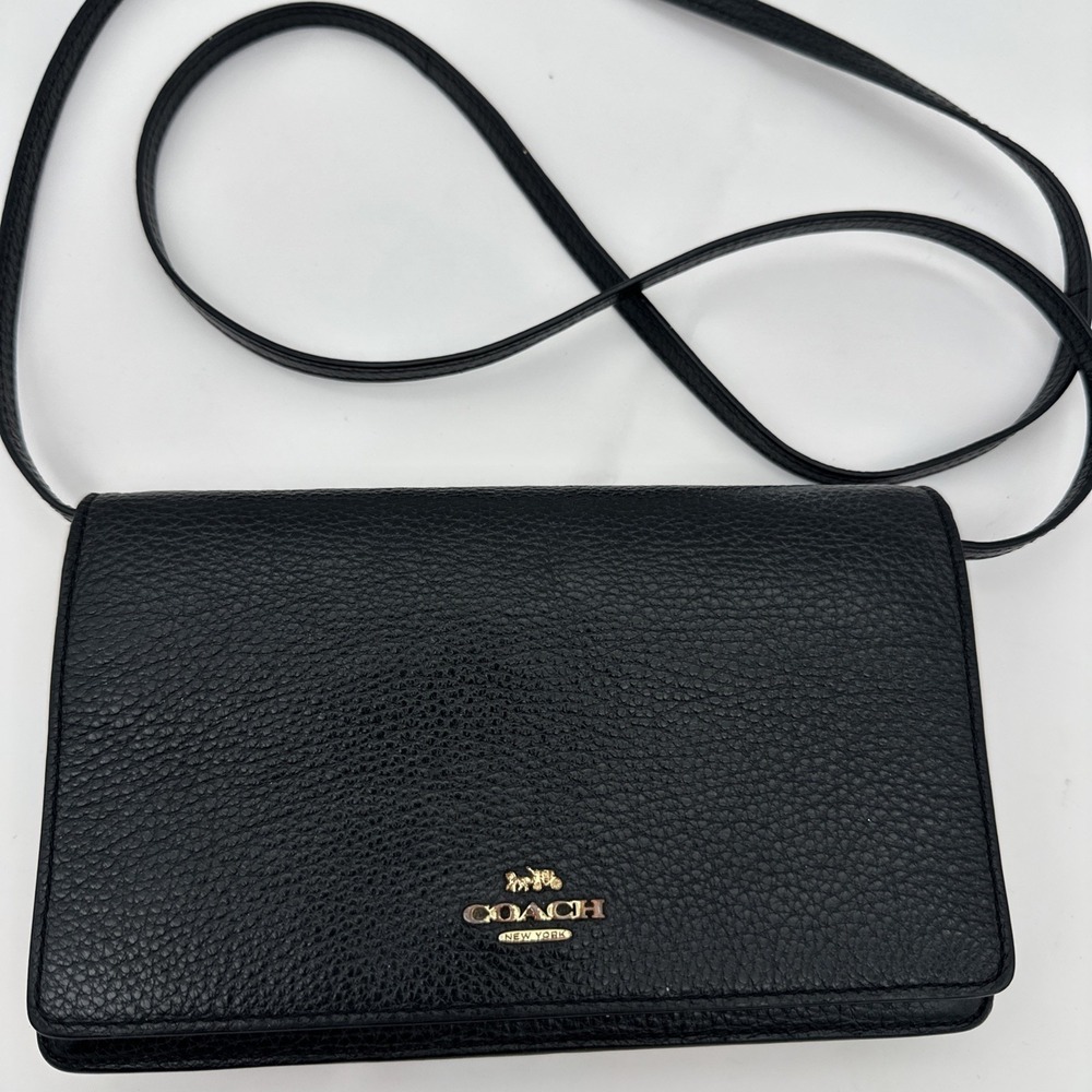 COACH Pebbled Leather Crossbody Wallet Bag Black Gold F30256 8x5